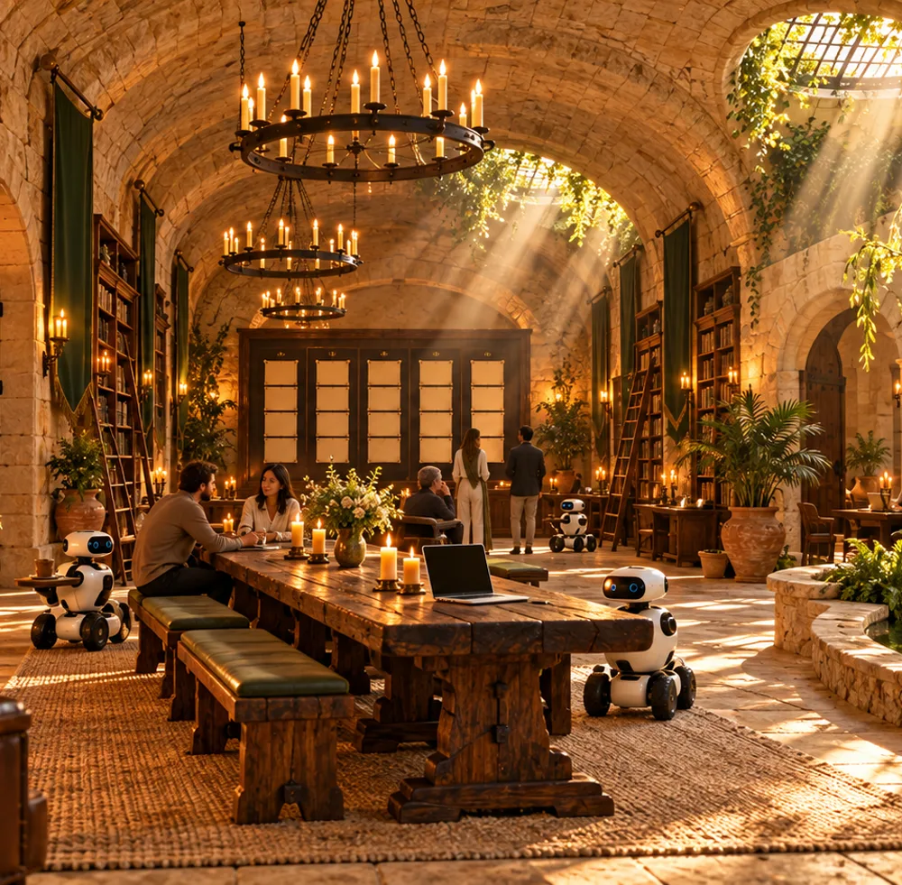 The Great Hall below the garden: a long vaulted sandstone hall lit by daylight through iron grates and by candle chandeliers, with a long oak table, green banners, bookcases, a project board of parchment cards on the far wall, and people with their robots.