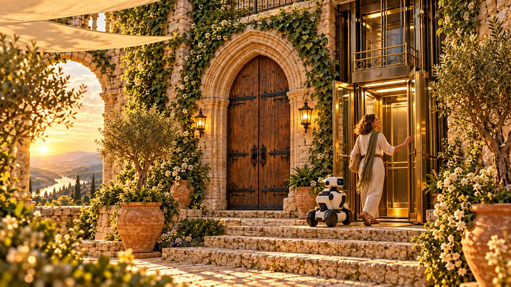 The front of the keep: an arched oak door with iron straps between two lanterns, and beside it a brass-and-glass lift with its doors open and light inside. A woman and her small robot step in.