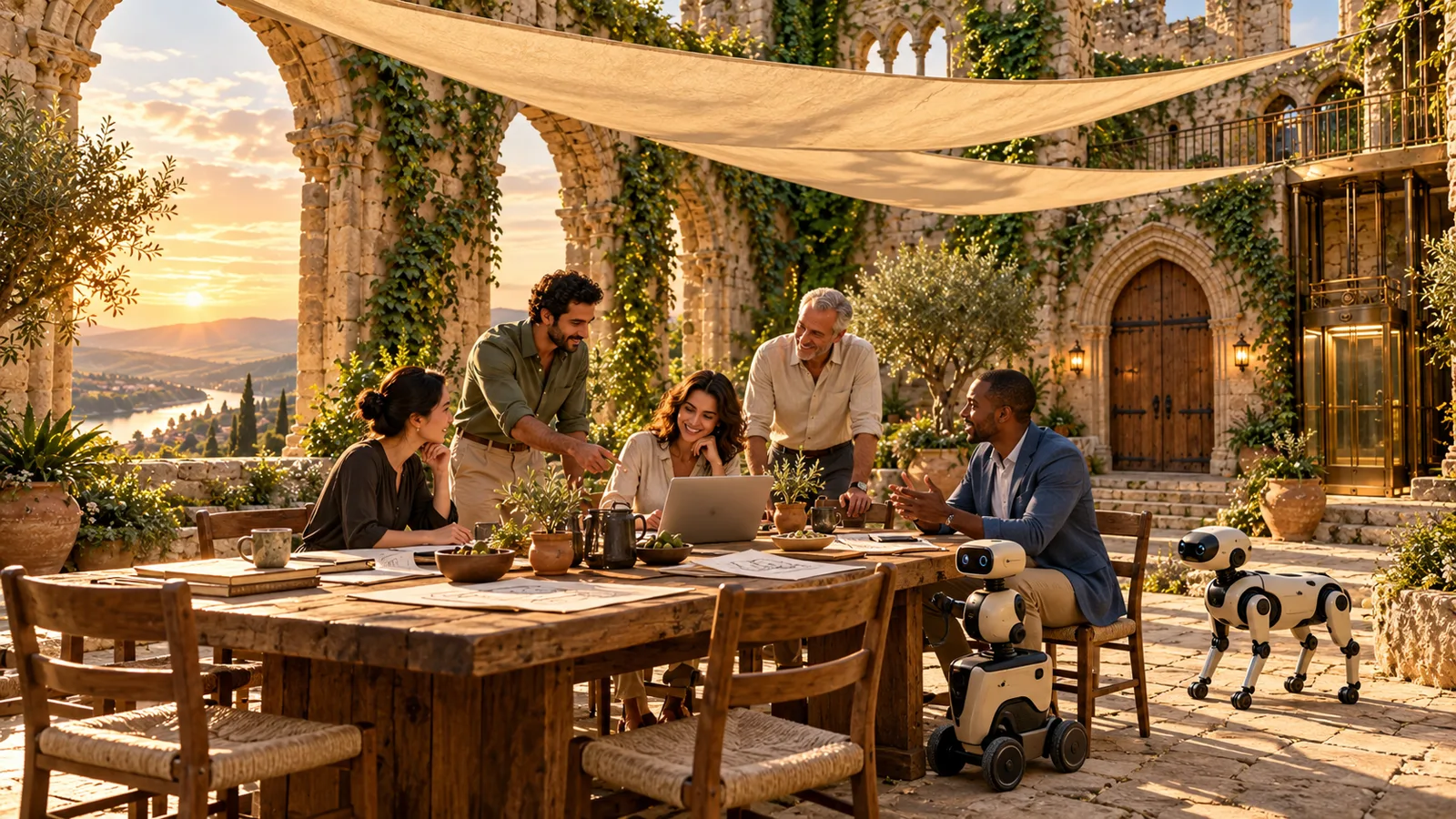 Five people talk round a long oak table under cream sails in a castle-ruin garden at sunset, pointing at a laptop and paper sketches. Small white robots on wheels and a robot dog wait beside them. Ivy-covered arches and a river valley behind.