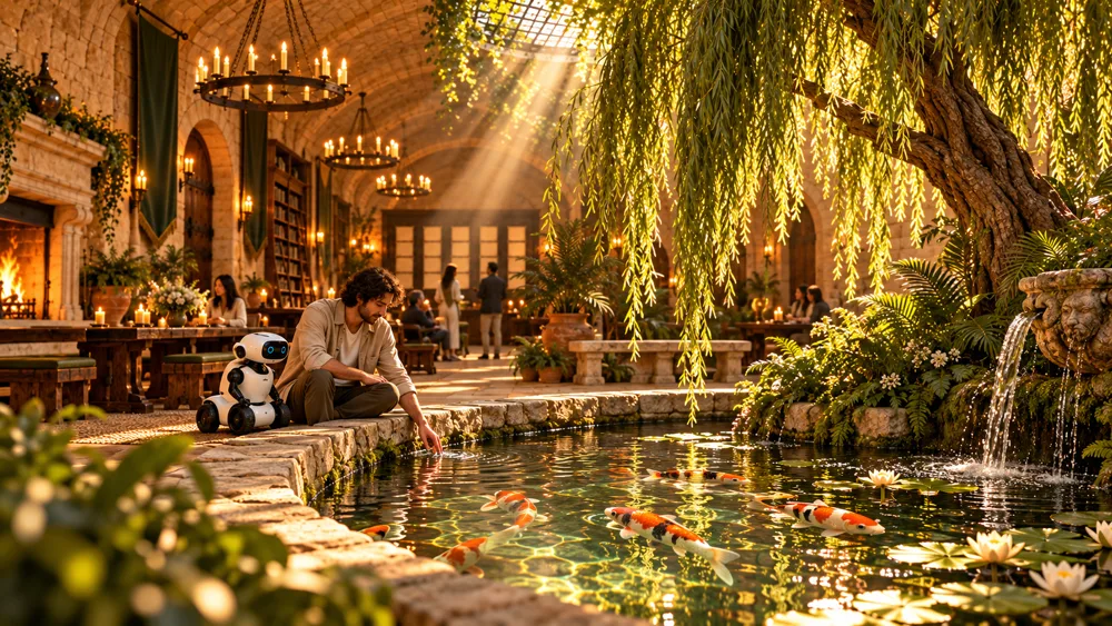 A koi pond under a shaft of daylight in a vaulted sandstone hall, with a weeping willow over the water, a small fountain, ferns, and a man trailing his hand in the water while his robot watches.