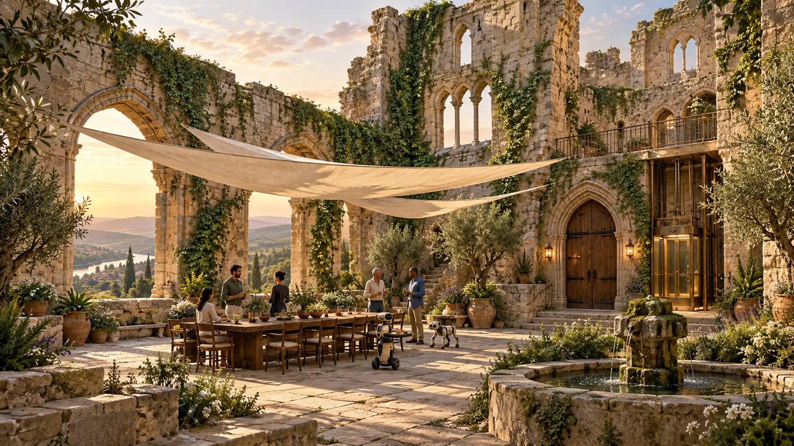 A sunlit garden inside old castle ruins: ivy on sandstone arches, a long wooden table under cream sails, a few people talking, two small robots, a mossy stone fountain, and a brass-and-glass lift beside the keep's oak door.