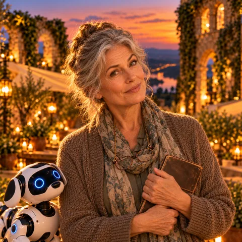 Daisy: a grey-haired woman in a cardigan and scarf, reading glasses on a chain, holding a worn notebook.