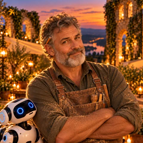Fred: a grey-bearded man of about sixty in a leather work apron dusted with sawdust, arms folded, a pencil behind his ear.